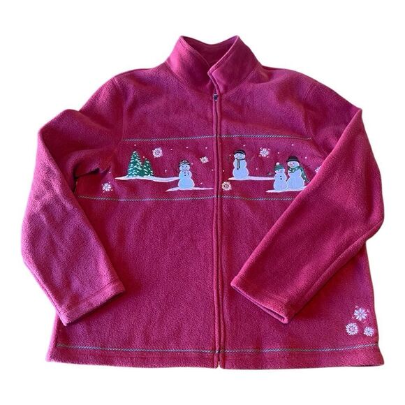 Croft & Barrow Red Fleece Jacket White Snowmen Green Fur Trees Snowflakes Size L - Picture 3 of 11